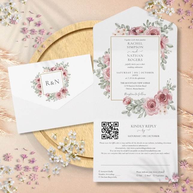 Casamento Floral Rose Gold Geométrico Código QR (Floral Dusty Rose Gold Geometric QR Code Wedding All In One Invitation)