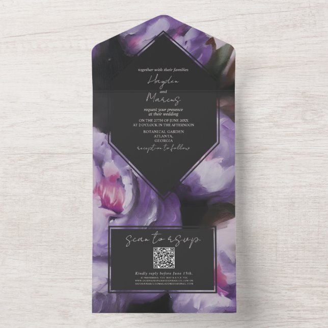 Casamento Floral Roxo-Dramático Botânico RSVP QR (Interno)