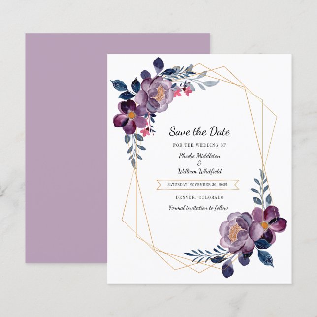 Casamento Floral Roxo Elegante Salvar A Data (Frente/Verso)