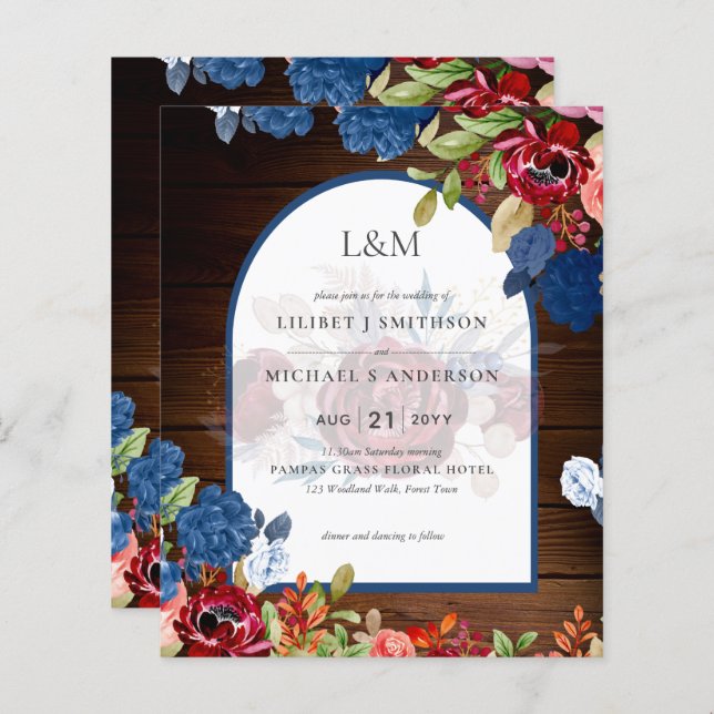 Casamento Floral Rustic Burgundy Blue (Frente/Verso)
