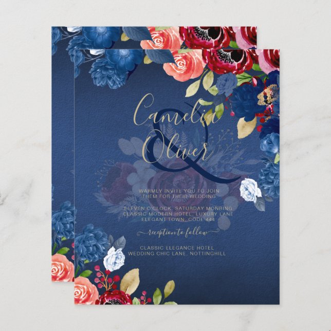 Casamento Floral Rustic Burgundy Blue (Frente/Verso)