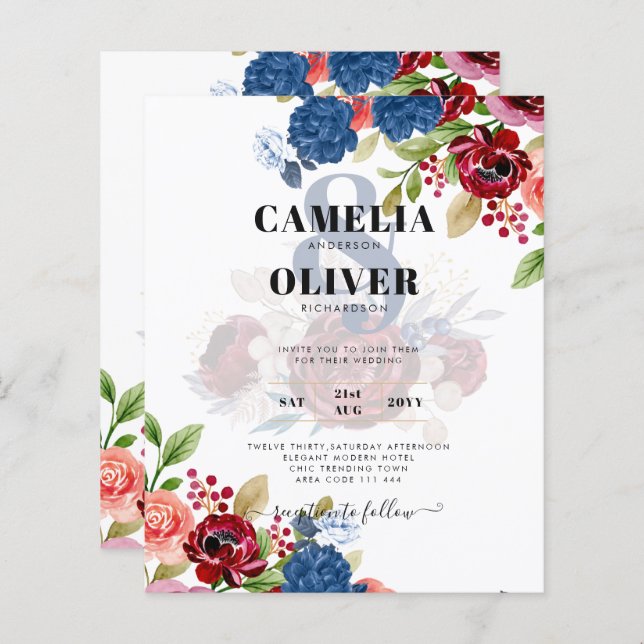 Casamento Floral Rustic Burgundy Blue (Frente/Verso)