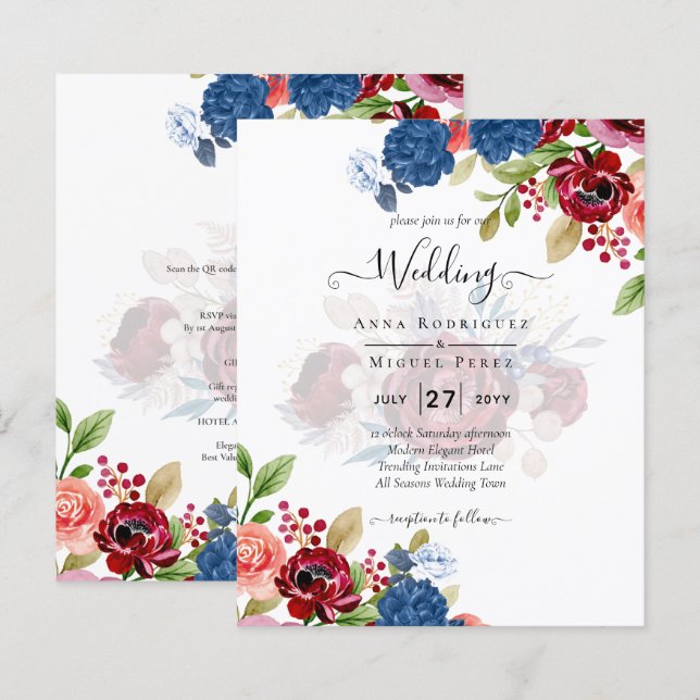 Casamento Floral Rustic Burgundy Blue (Frente/Verso)