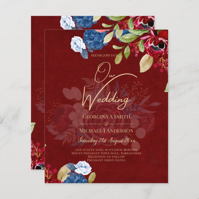 Casamento Floral Rustic Burgundy Blue (Frente/Verso)