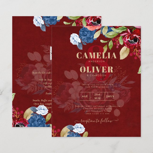 Casamento Floral Rustic Burgundy Blue (Frente/Verso)