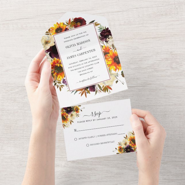 Casamento Floral Rustic Sunflower Rosa Burgundy Fa (Aba destacável)