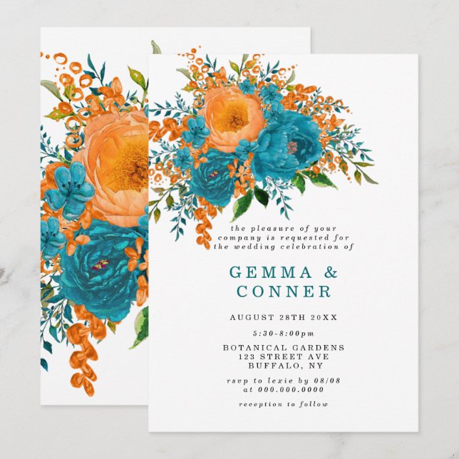 Casamento Floral Rustic Teal Orange Watercolor (Frente/Verso)