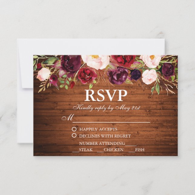 Casamento Floral Rustic Wood Burgundy RSVP c/Refea (Frente)