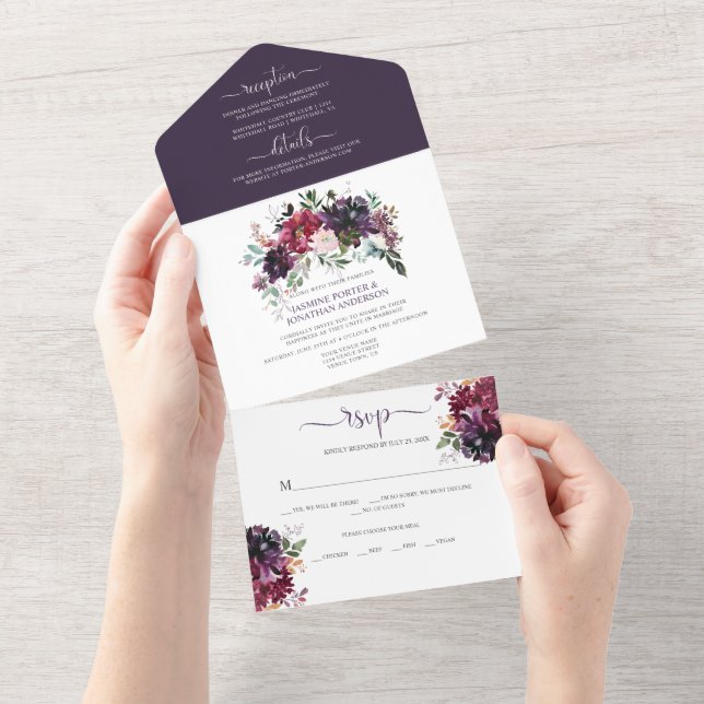 Casamento Floral Rústico Boho Roxo Rosa Vermelho (Aba destacável)