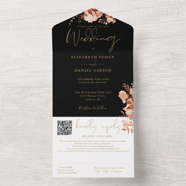 Casamento Floral Rústico Preto e Dourado com QR Co (Interno)