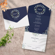 Casamento Floral Verde Monograma Azul Marinho