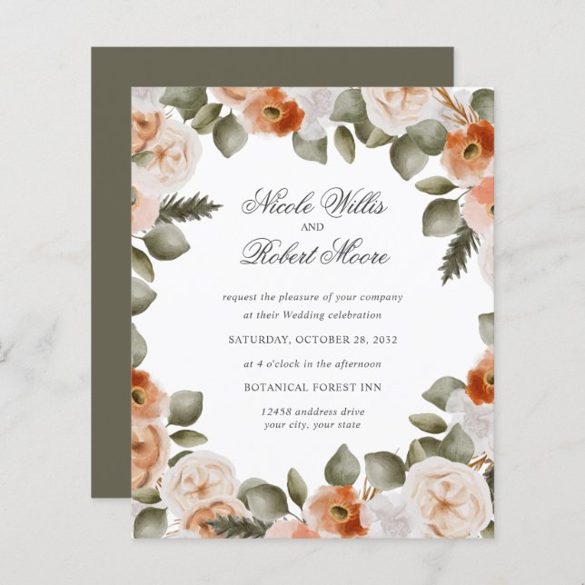 Casamento floral verde MOSS de marfim de laranja q (Frente/Verso)