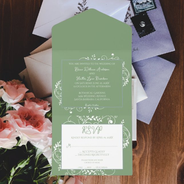 Casamento Floreado De Moss Green - Tudo Em Um Conv (Moss Green Flourish All in One Wedding Invite)