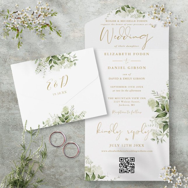 Casamento Formal Código QR de Floral Verde (Gold Floral Greenery QR Code Formal Wedding All In One Invitation)