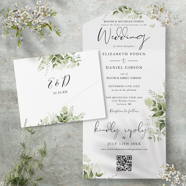 Casamento Formal com Código QR Preto e Branco Flor (Floral Black And White QR Code Formal Wedding All In One Invitation)