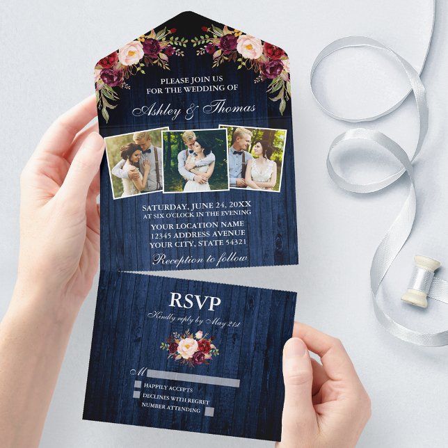 Casamento Fotográfico Rustic Burgundy Floral Blue  (All In One Wedding Invitation with tear off RSVP Card)