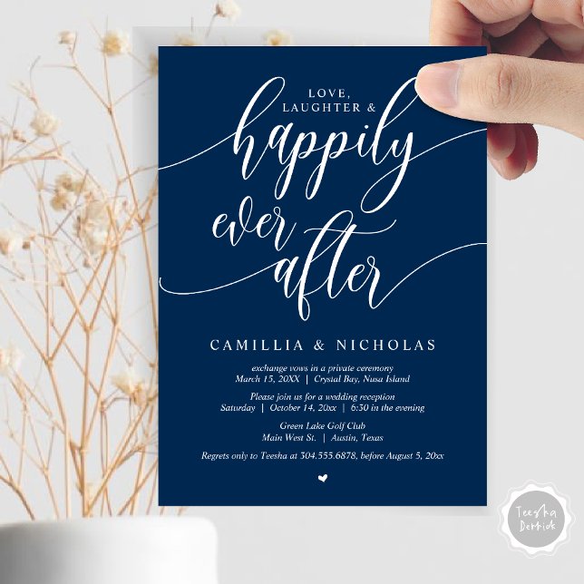 Casamento Fuga, Convite para Festa Feliz para Semp (Wedding Elopement, Happily Ever After Party Invitation Card, PDF, Navy Blue)