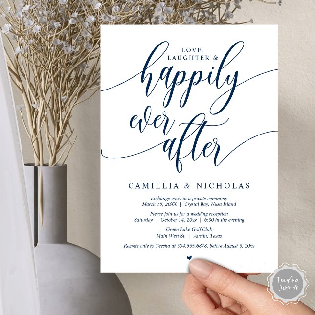 Casamento Fuga, Feliz para Sempre Convite para Fes (Wedding Elopement, Happily Ever After Party Invitation Card, PDF, Navy Blue)