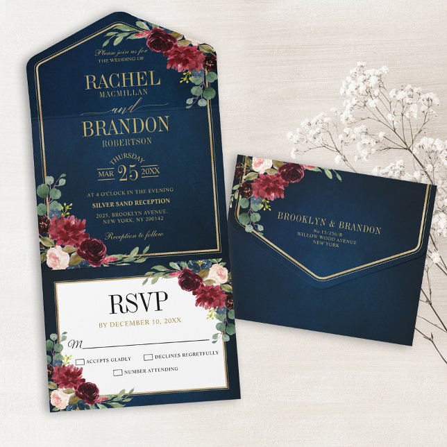 Casamento Geométrico Dourado com Blush Azul-marinh (Burgundy Red Floral Gold Navy Blue Rustic Wedding Invitation)