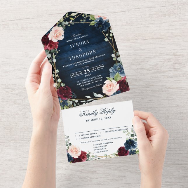 Casamento Geométrico Dourado Floral Blush Marinho  (Aba destacável)