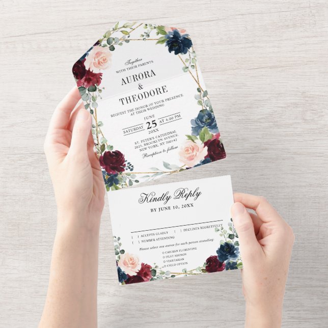 Casamento Geométrico Dourado Floral Blush Marinho  (Aba destacável)