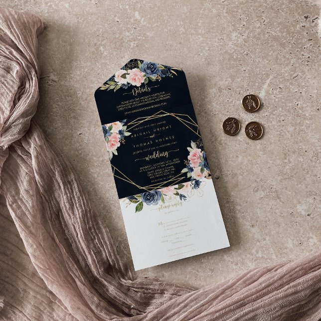 Casamento Geométrico Dourado Floral com marinho Bl (Criador carregado)