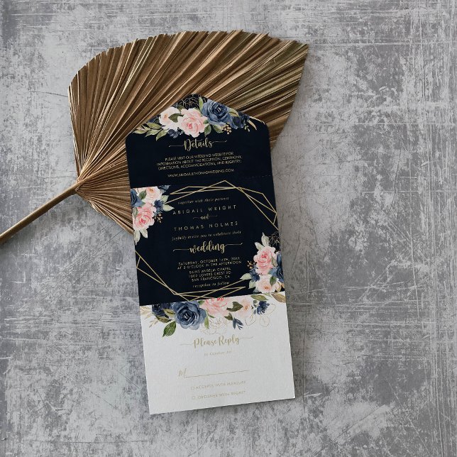 Casamento Geométrico Dourado Floral com marinho Bl (Criador carregado)