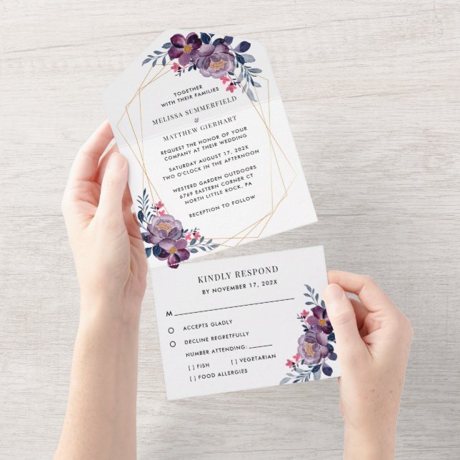 Casamento Geométrico Floral de Flor de Roxo (Aba destacável)