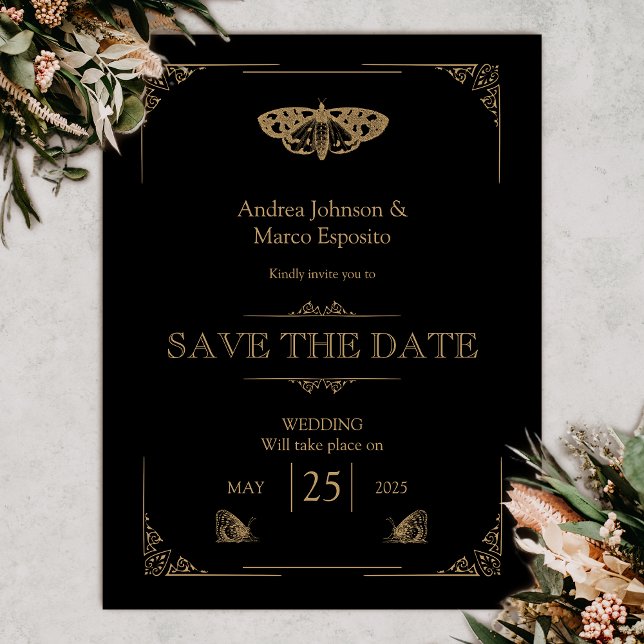 Casamento gótico vitoriano da traça negra salva a  (Gothic Moth Tattoo Wedding Save the date Vintage)