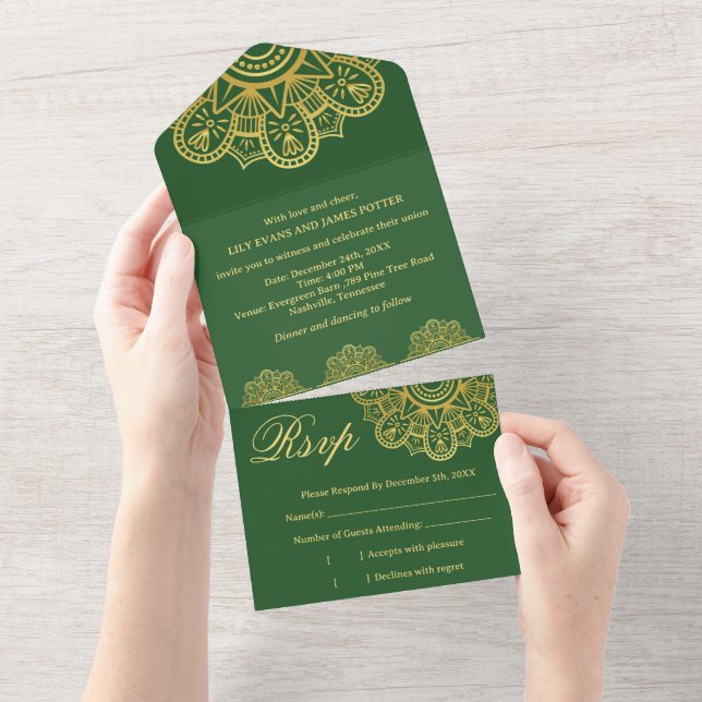 Casamento Indiano Mandala Verde Escuro e Dourado E (Aba destacável)