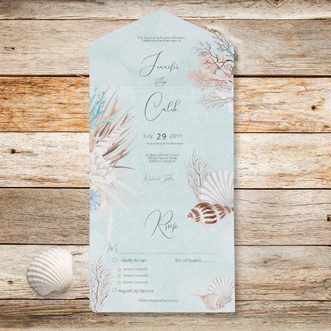 Casamento Jantado dos Conchas do Oceano Aqua Moder (Modern Aqua Ocean Shells Dinner Wedding All In One Invitation)