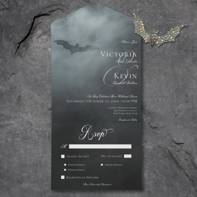 Casamento Jante de Bat e Nevoeiro da Meia-Noite Es (Dark Moody Midnight Bat & Fog Dinner Wedding All In One Invitation)