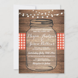 Casamento Jar Wood Rustic Red Gingham Convite