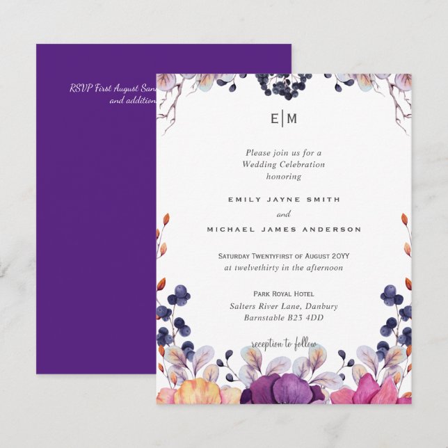 Casamento Laranja De Púrpura Floral Elegante (Frente/Verso)
