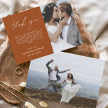 Casamento Laranja Queimado Obrigado Cartões<br><div class="desc">Casamento de Orçamento Obrigado Cartões que têm uma foto na frente e atrás. Os cartões de agradecimento contêm uma tipografia cursiva moderna,  escrita com letra de mão,  que é elegante,  simples e moderna para usar após a celebração do dia do casamento.</div>