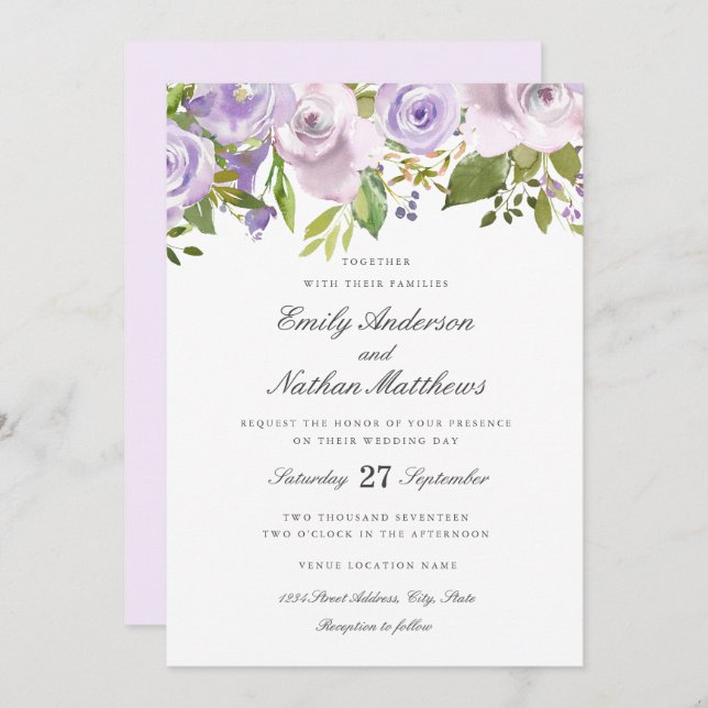 Casamento Lilac Purple Watercolor Convite Floral (Frente/Verso)