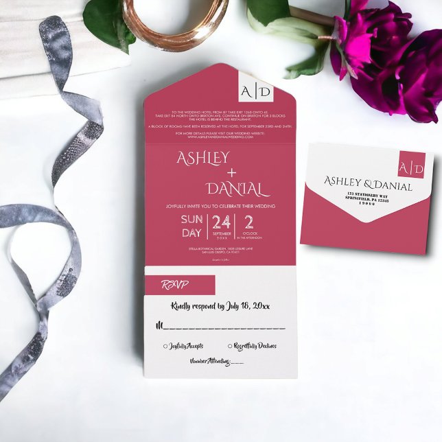 Casamento Magenta Monograma de Script Moderno Eleg (Criador carregado)