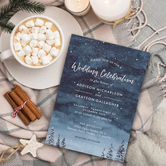 Casamento marinho Blue Snowy Winter Wonderland (Winter wonderland holiday wedding celebration invitation with a night snow background.)