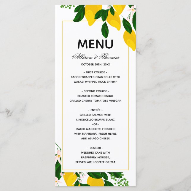 Casamento Menu Lemon convite para casamento amarel (Frente)