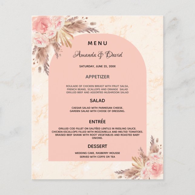 Casamento Menu Pampas rosa dourado mármore floral (Frente)