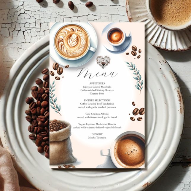 Casamento Menus Amor é Elaborar Orçamento (Love is brewing coffee menu features coffee beans latte espresso illustrations.)