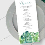 Casamento Menus Destino Tropical Folhas de Palma<br><div class="desc">Este cardápio de casamento tropical apresenta uma maca inferior de folhas de palma de aquarela. A palavra "menu" é definida em tipografia de script de tendência. Use os campos modelo para inserir os itens de menu de janto personalizados. Perfeito para casamentos de praia e destino. Para ver todo o tema...</div>