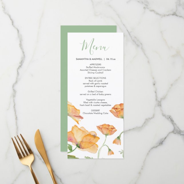 Casamento Menus Watercolor Florals Laranja (Frente/Verso In Situ)