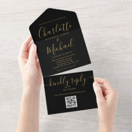 Casamento Minimalista Código QR Preto e Dourado