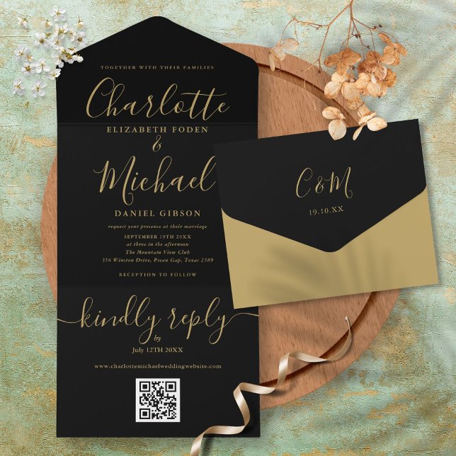 Casamento Minimalista Código QR Preto e Dourado (Black And Gold QR Code Minimalist Wedding All In One Invitation)