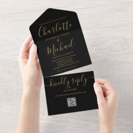 Casamento Minimalista Código QR Preto e Dourado