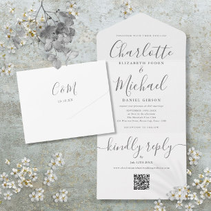 Casamento Minimalista com Código QR Cinza e Branco