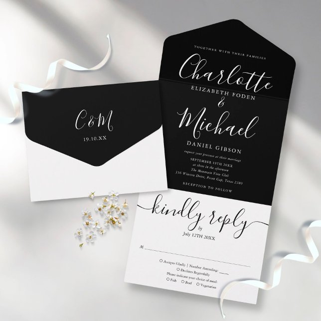Casamento Minimalista De Script Elegante Preto E B (Criador carregado)