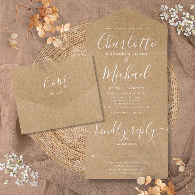 Casamento Minimalista Elegante Força Rústica  (Rustic Kraft Elegant Script Minimalist Wedding All In One Invitation)