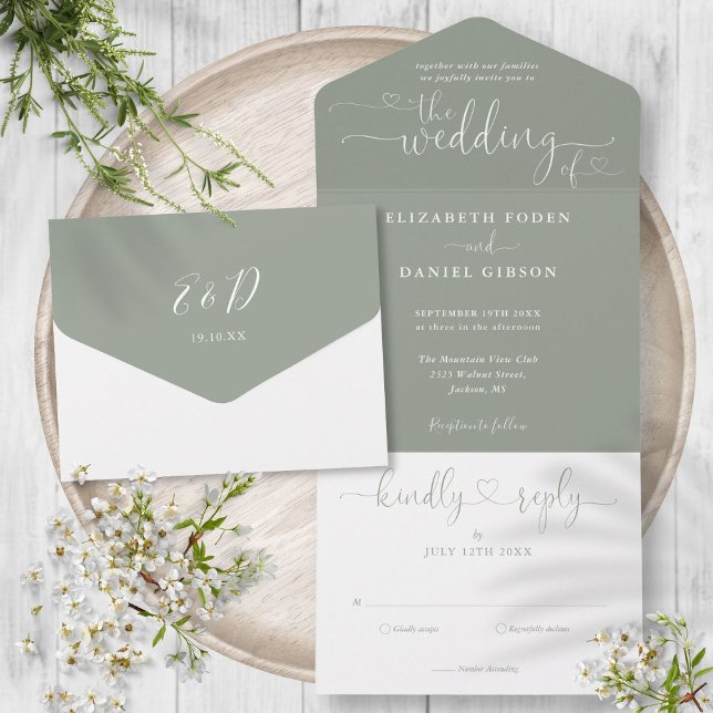 Casamento Minimalista em Verde Sage Moderno com Co (Modern Sage Green Script Hearts Minimalist Wedding All In One Invitation)